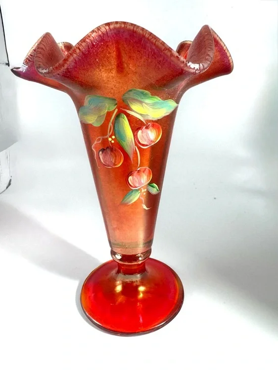 Fenton 109th Anniversary Iridescent Ruffled Hand-Painted Carnival Glass Vase - Picture 1 of 9